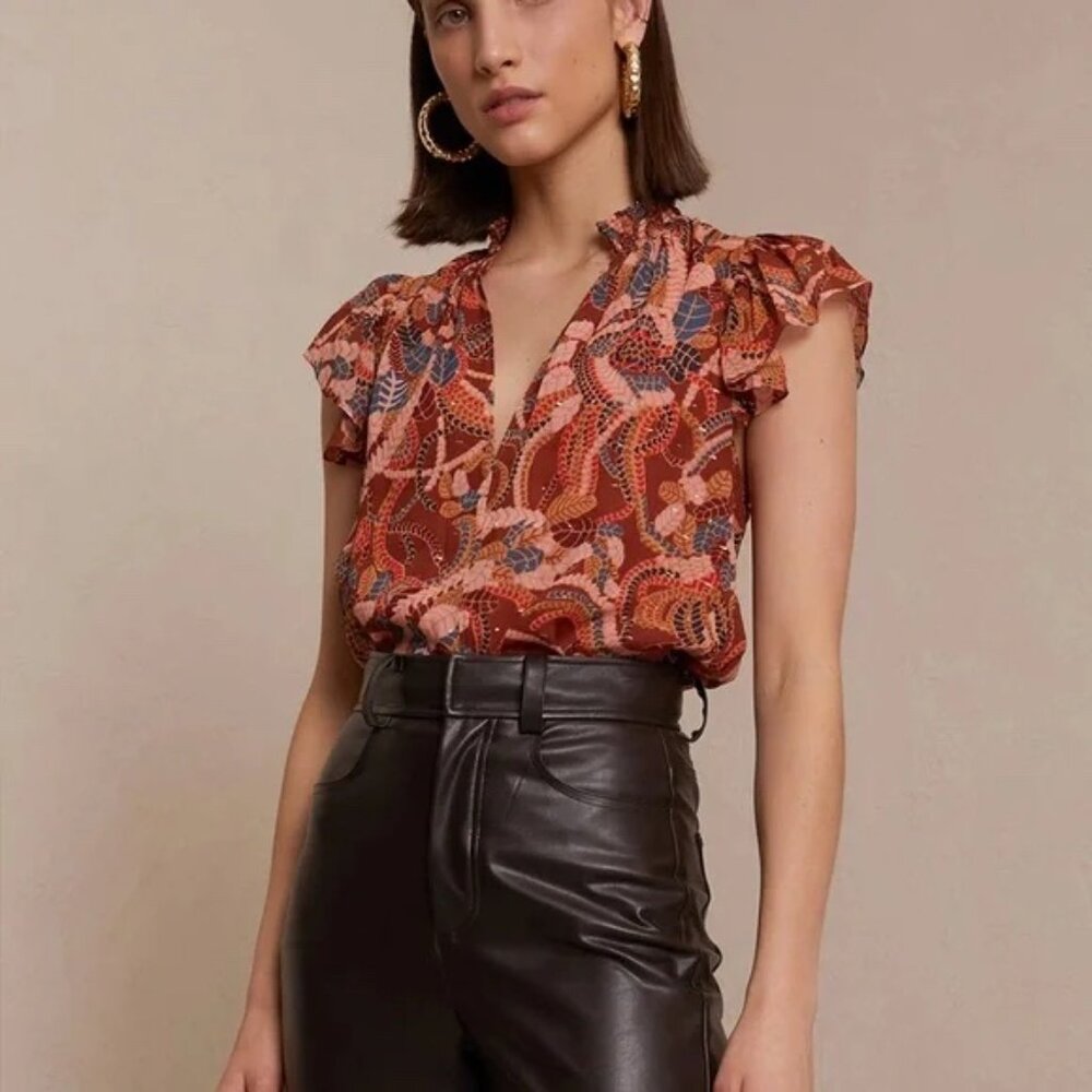 ALC Haley 100% Silk Metallic Brown Flutter Sleeve Top